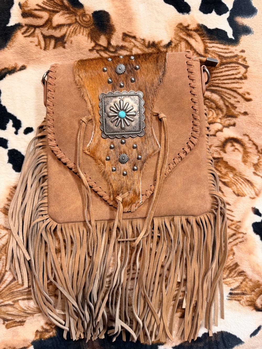 Fringe Suede Crossbody Bag with Concho & Hair-on Hide